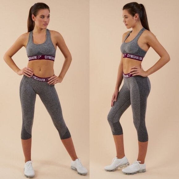 Gymshark Flex Matching Set Crop Leggings Sports Bra Grey Plum Size XS‎ Fitness - Picture 2 of 12